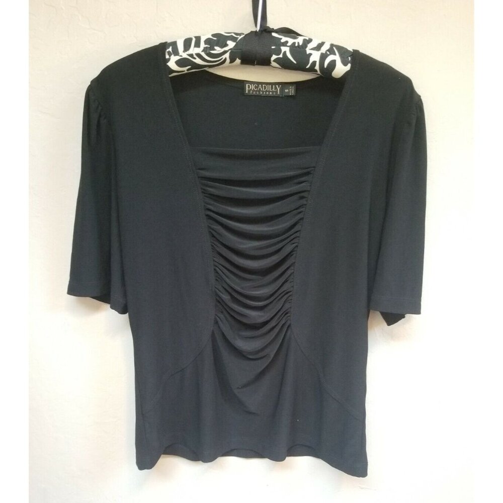 Picadilly Fashions Womens Ruched Front Top Ruffle Square Neck Black Blouse Small